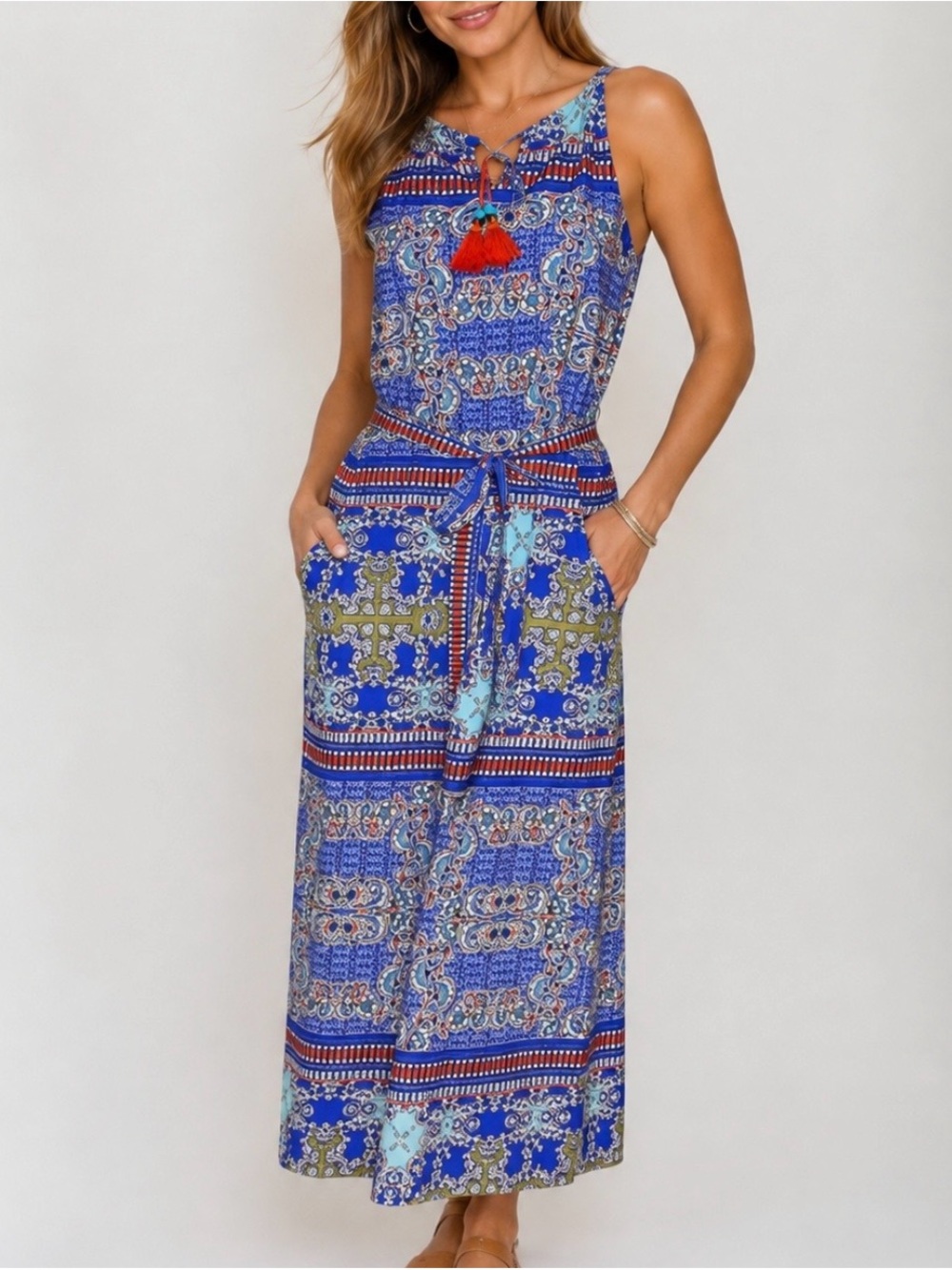 Boho Blue Patterned Maxi Dress with Tassel Tie
